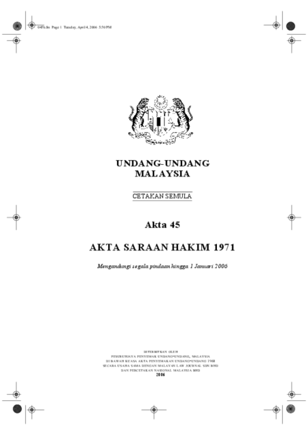 (Akta 45) Akta Saraan Hakim 1971 - 1 Januari 2006
