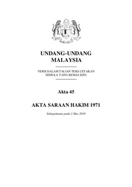 (Akta 45) Akta Saraan Hakim 1971 - 1 Jun 2018